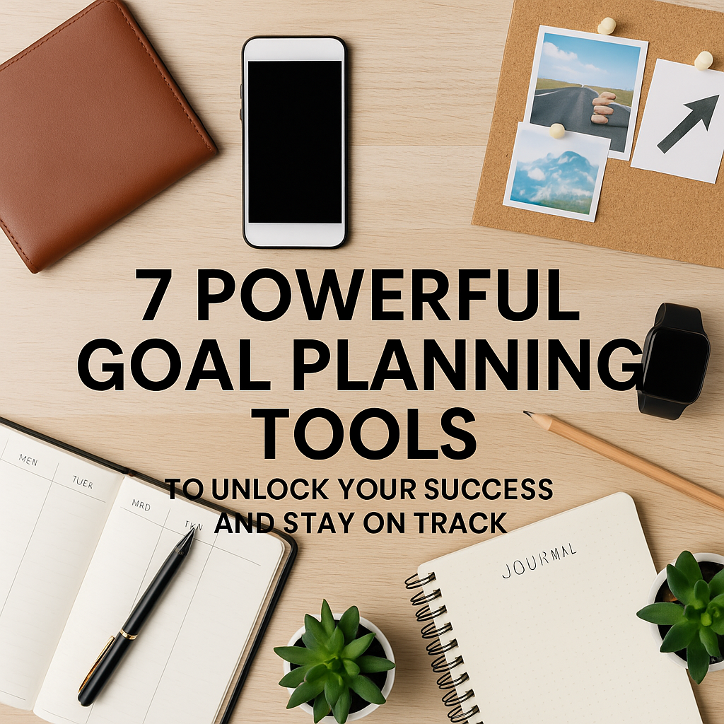 Flat lay of goal planning tools including a leather planner, smartphone, open journal, smartwatch, pencil, vision board, and succulent plants on a wooden desk, with bold text reading “7 Powerful Goal Planning Tools to Unlock Your Success and Stay on Track.”