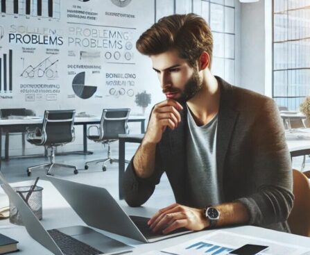 Solving Problems a man sitting at a desk with a laptop