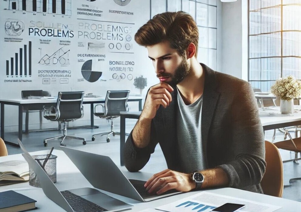 Solving Problems a man sitting at a desk with a laptop