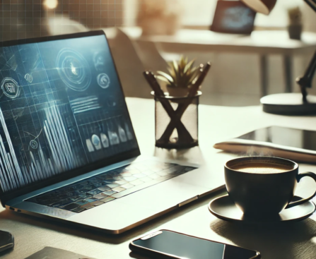 a laptop and a cup of coffee on a desk