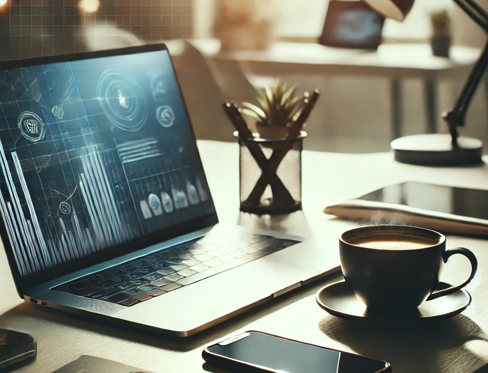 a laptop and a cup of coffee on a desk