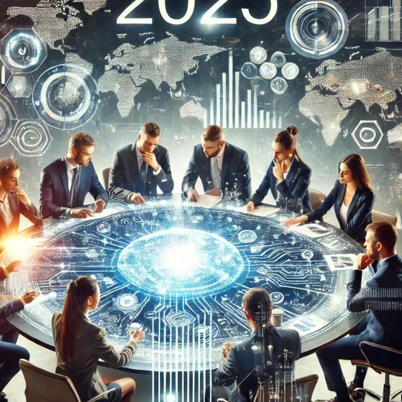 a group of people collaborate around a table with a large circular table with a large screen with numbers and a map