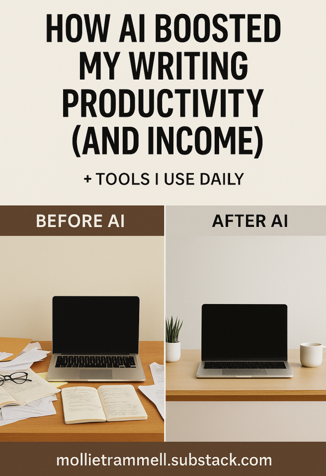 Side-by-side image of a cluttered desk versus a clean, organized workspace, illustrating the impact of AI productivity tools on focus and digital workflow.